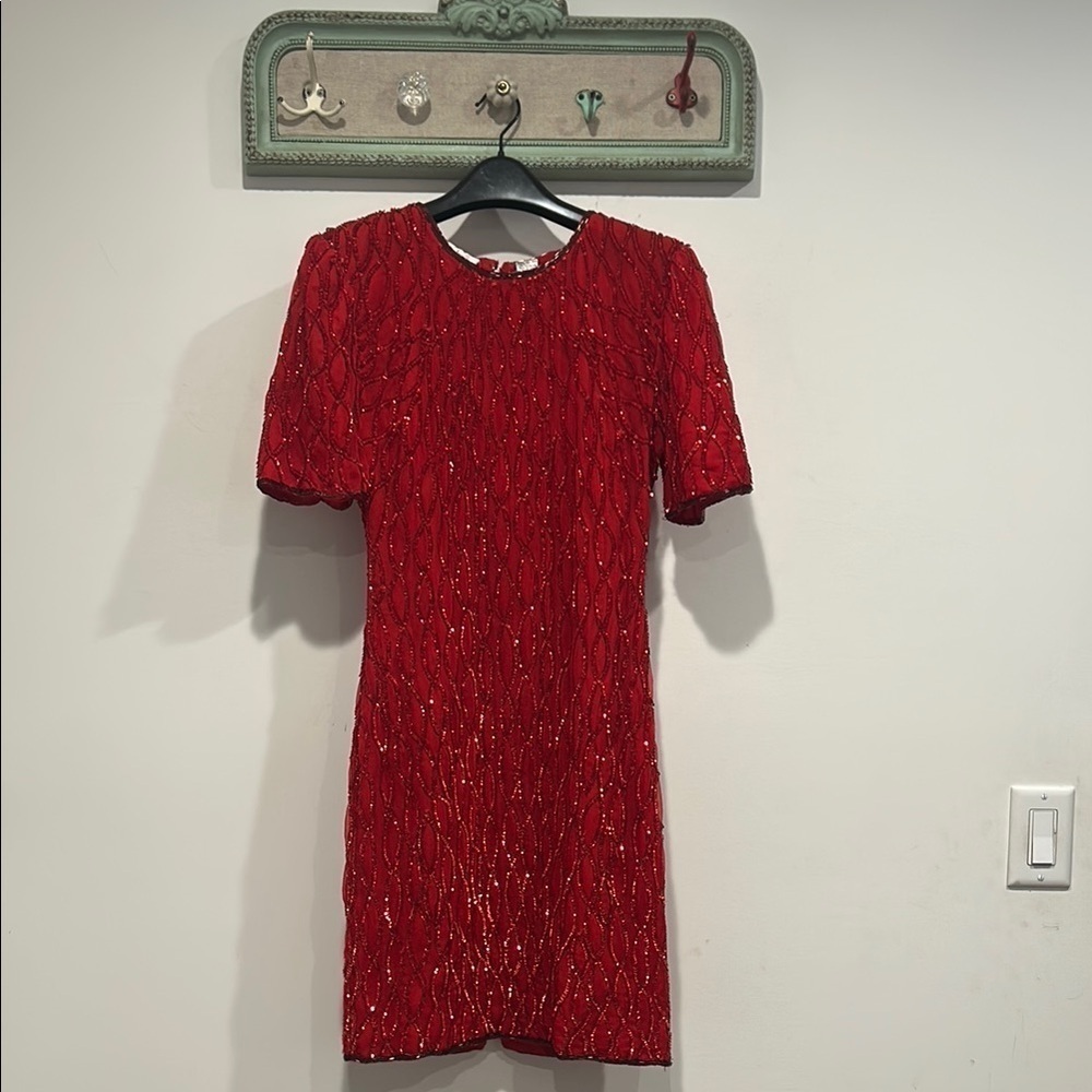 Vintage 80s Lawrence Kazar, New York silk sequin red mini dress medium petite